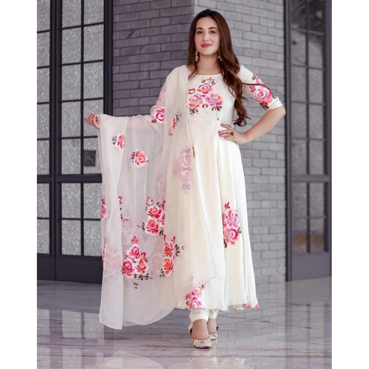 white dress design in bangladesh Rose Angel Gown Dress - Organza Tissue Fabric - White Color - Free Size  Salwar Kameez Suits For Women