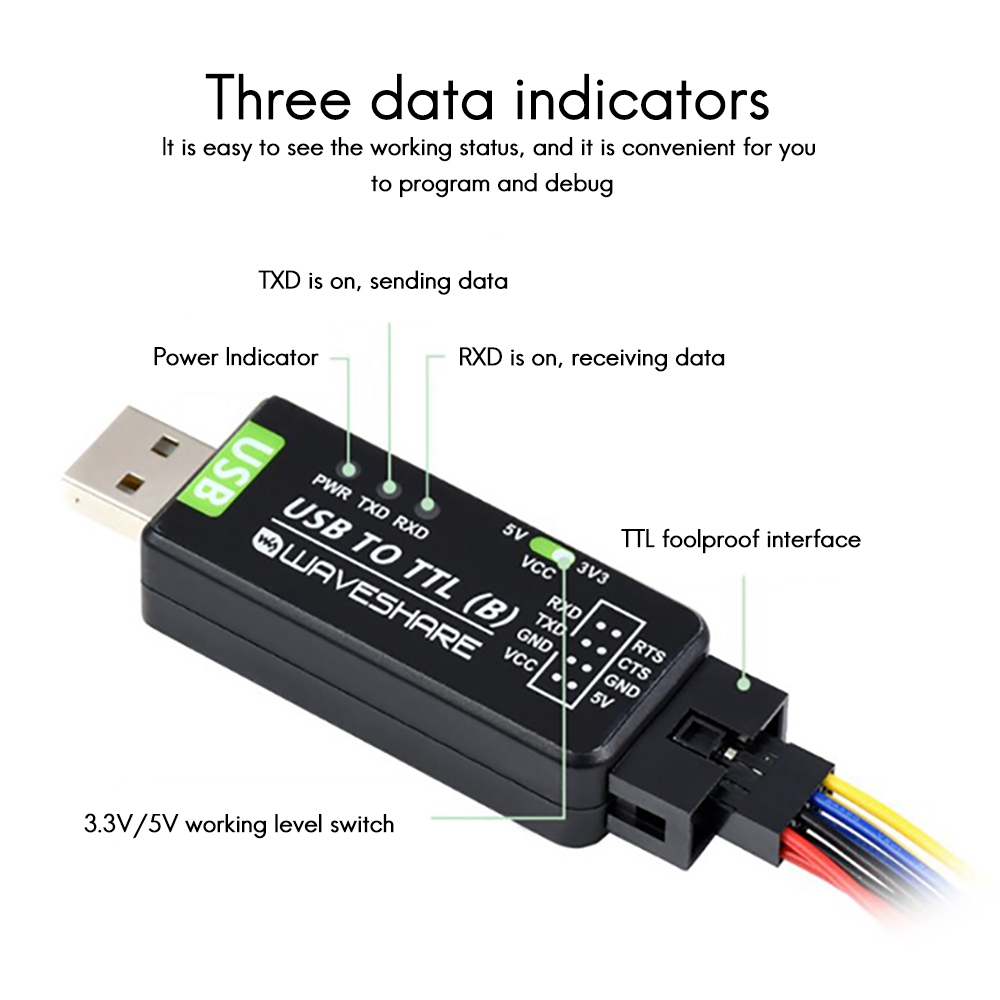 Waveshare Industrial Grade USB to TTL Converter CH343G Serial Port Conversion Support 5V/3.3V Level Conversion Circuit. 