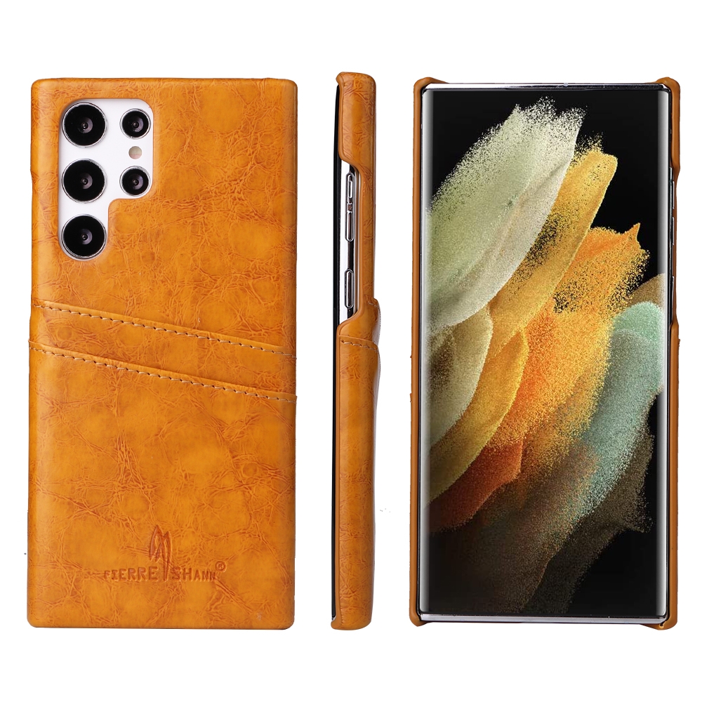(Ready Now)For Samsung Galaxy S22 Ultra 5G Fierre Shann Retro Oil Wax Texture PU Leather Phone Case with Card Slots