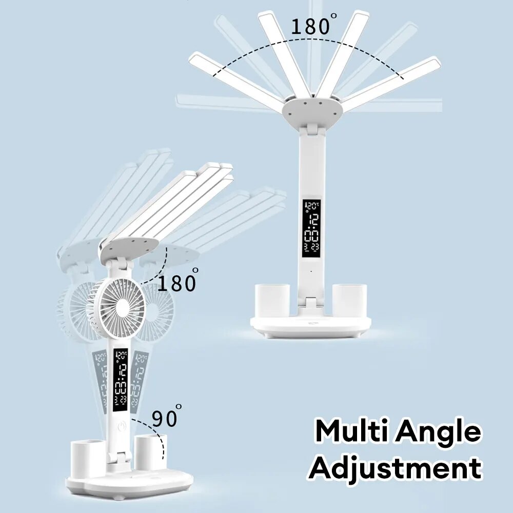 3 in 1 Folding Table Lamp with Fan Clock Calendar Rechargeable Reading Lamp Touch Dimming Night Light Eye Protection Desk Light. 