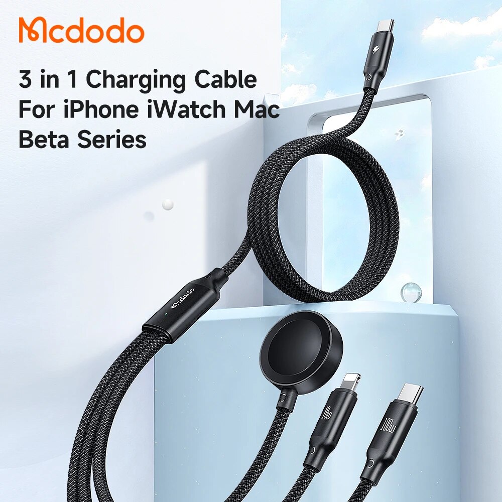 Mcdodo 100W Fast charege 3 in 1 Type-c to Type-c Lighting Apple Watch with iPhone15 14 13 12 11 Pro Max, Xiaomi, Huawei, Samsung. 
