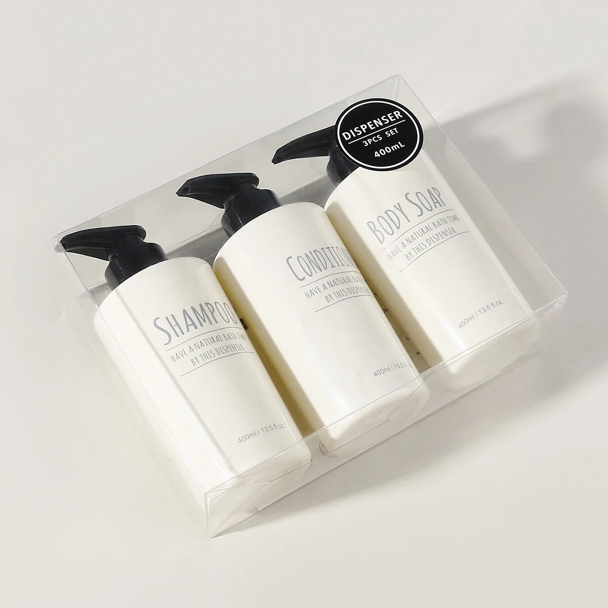 400ml Empty Beige Modern Design Refillable Shampoo and Conditioner Dispenser Pump Bottle with Pump Set 3pcs. 