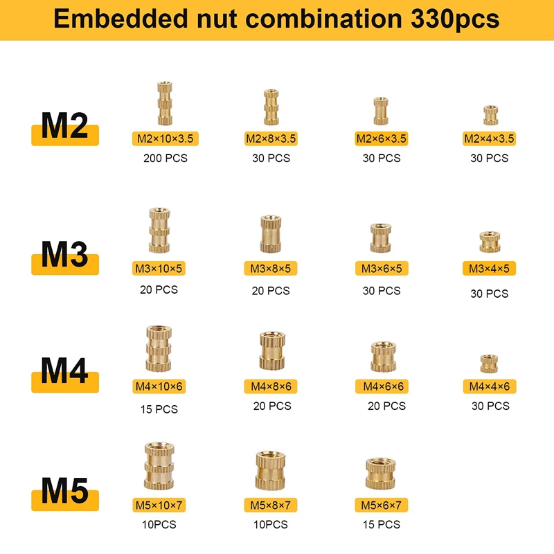 330 Pcs Brass Threaded Insert Nuts M2 M3 M4 M5 Female Thread Knurled Nut Inserts Embedment Nut for 3D Printing Part. 