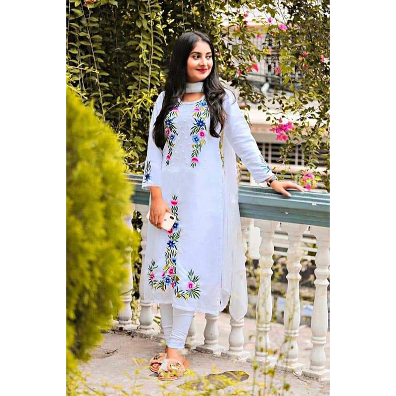 Dubai Cherry Georgette Fabrics Three Piece with Screen Print Embroidery - Elegant Choice for Regular Wear - Easy to Maintain. 
