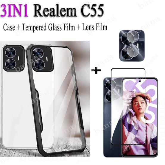 For Realme C55 - (3IN1) Combo - Mobile case back cover, 9HD Clear Tempered Glass Screen Protector, Camera Lens Protector.