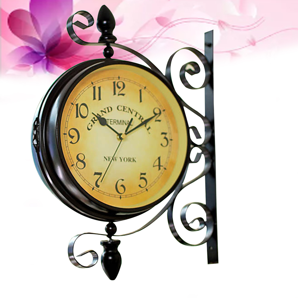 Silent Wall Clock Retro Hanging Clocks Double Sided European Style Train Station Two. 