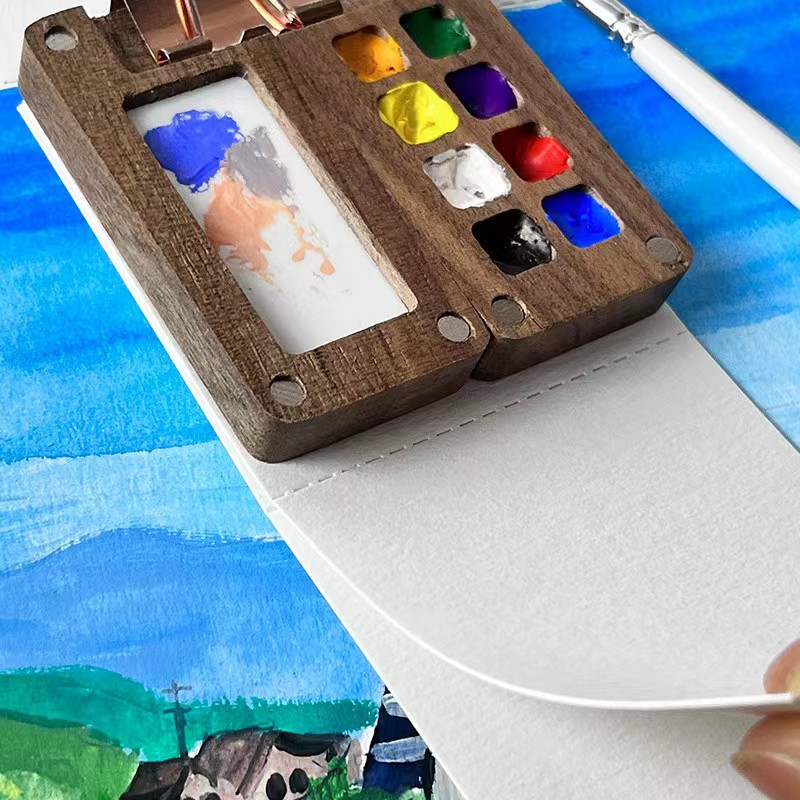 Mini walnut color palette ins creative wooden portable pigment packaging box detachable and foldable for travel. 
