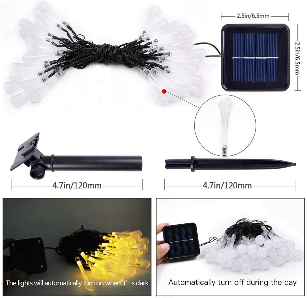 Solar Festoon LED Outdoor String Lights LED Teardrop Lights Waterproof 8 Modes Multicolor Water String Lights for Gardens Party--WARM WHITE--12M-100LED. 