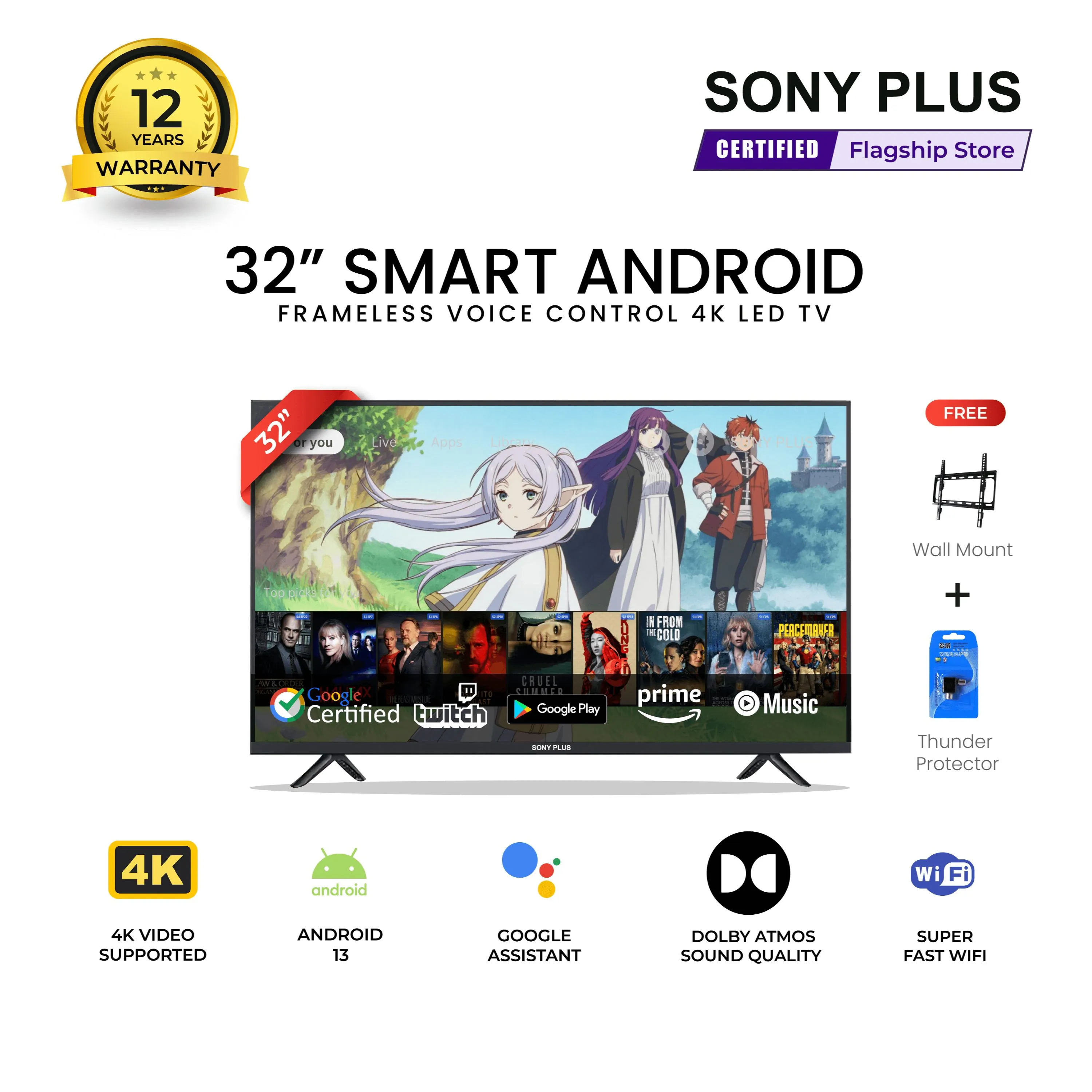 Sony Plus 32 inch Frameless Voice Control Smart LED TV Wi-Fi Full HD 4K Supported Android Television