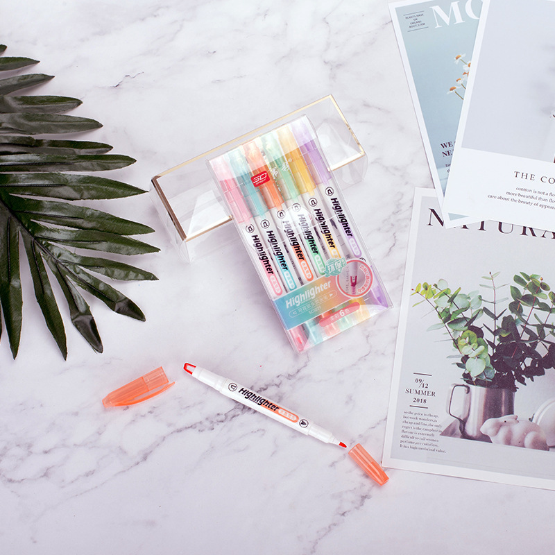 Window highlighter, crystal pen nib, student focus marker, macaron, clear head, 6 color double ended highlighter. 