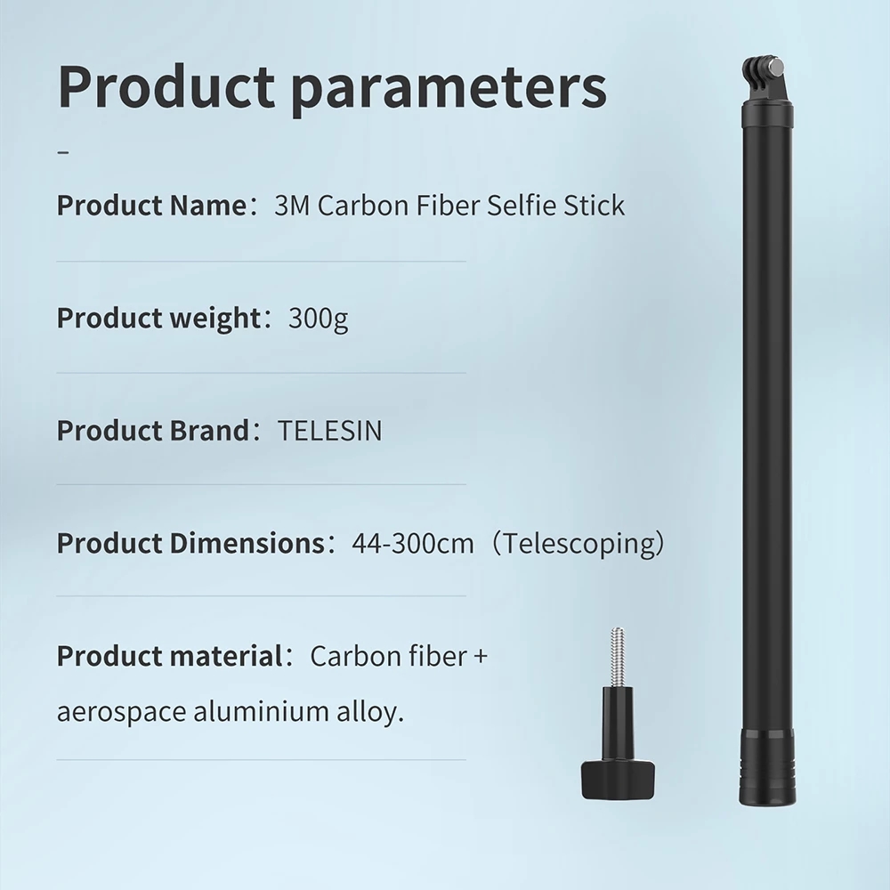 TELESIN 3M Selfie Stick Carbon Fiber Monopod Adjustable Length 1/4 Screw Hole For GoPro 11 10 9 Osmo Action Insta360 X2 X3 Sjcam. 