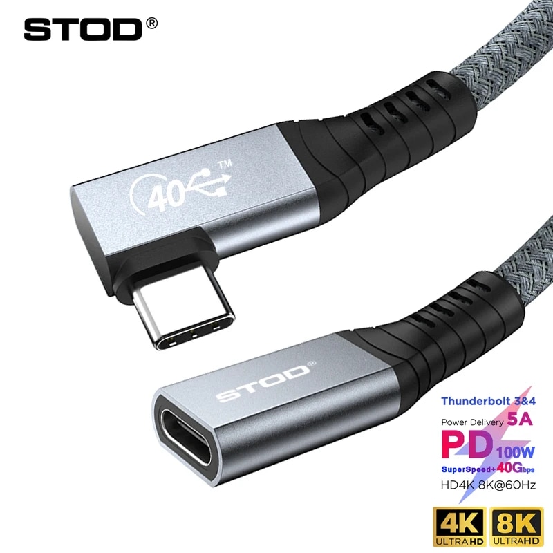 Thunderbolt 3 4 Extension Cable USB C 90 Degree 40Gbps 100W Right Angle Displayport Extender Elbow Wire Type C USB4 Extend Cord. 