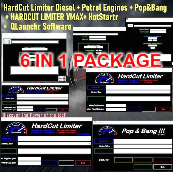 Car ECU Remaping Software Hard Cut Limiter Diesel + Petrol Engines + Pop&Bang + HARDCUT LIMITER VMAX+ HotStartr + QLaunchr Software6 IN 1 PACKAGE