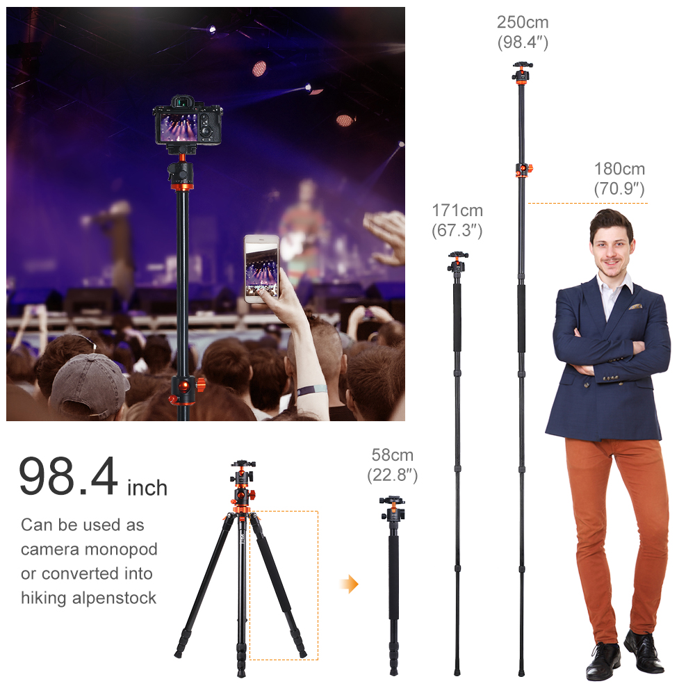 K F Concept SA254T1 93 Inch Camera Tripod 4 Section Aluminium Detachable Tripod with 360 Degree Ball Head Quick Release Plate. 