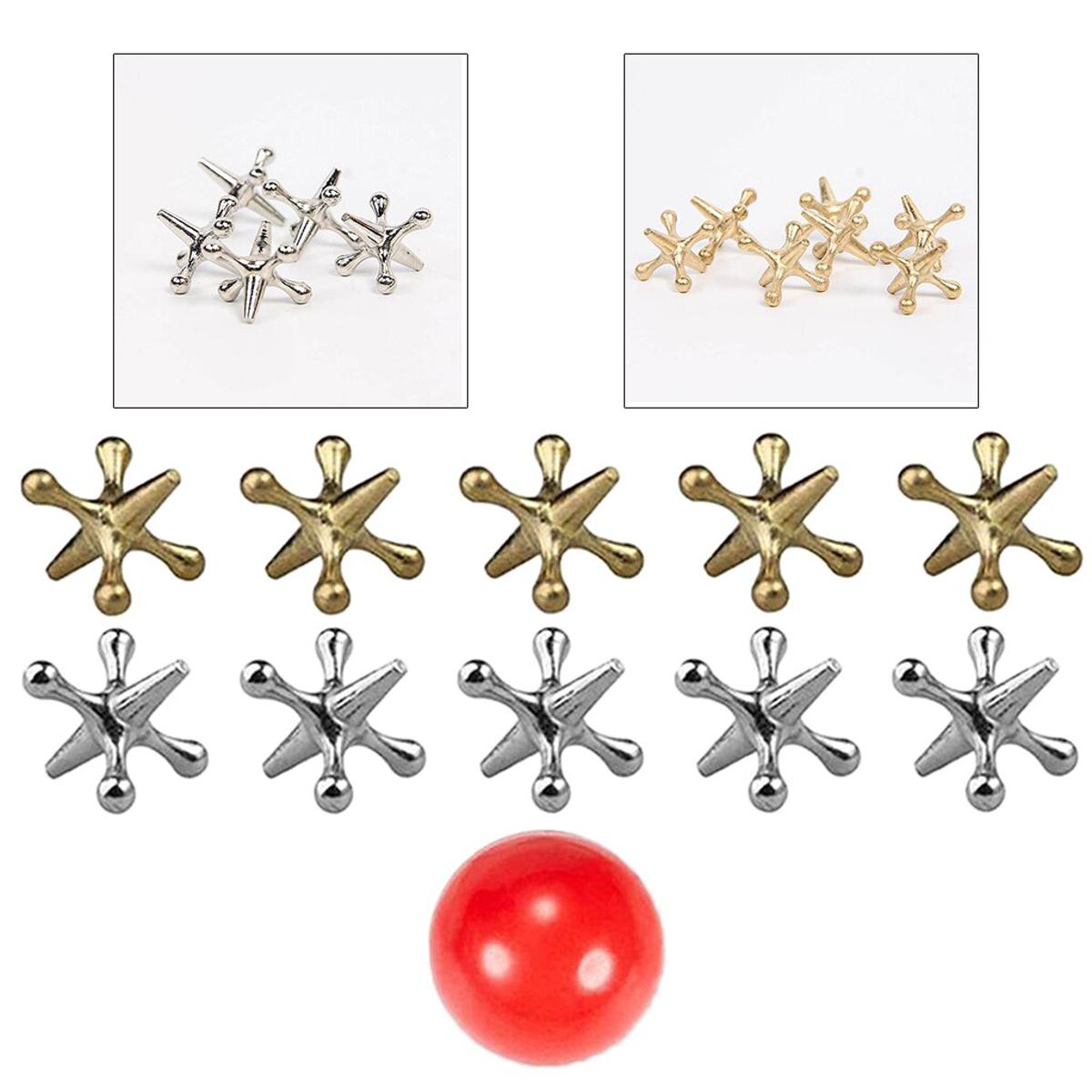 Jack Games- 10 Pcs and  Metal Jacks 1 Red Rubber Bouncy Balls Classic Game of Jacks for Party Favor Kids and