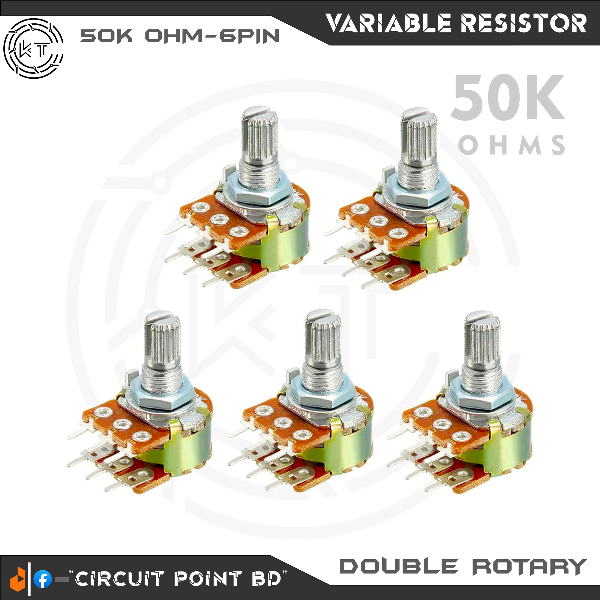 50K Ohm 2Pcs Pack Double Layer Variable Resistor / Potentiometer 6 Pin Dual Gang Linear Taper, Rotary, Adjustable Variable Resistor / Potentiometer For Electric & Electronics.. 