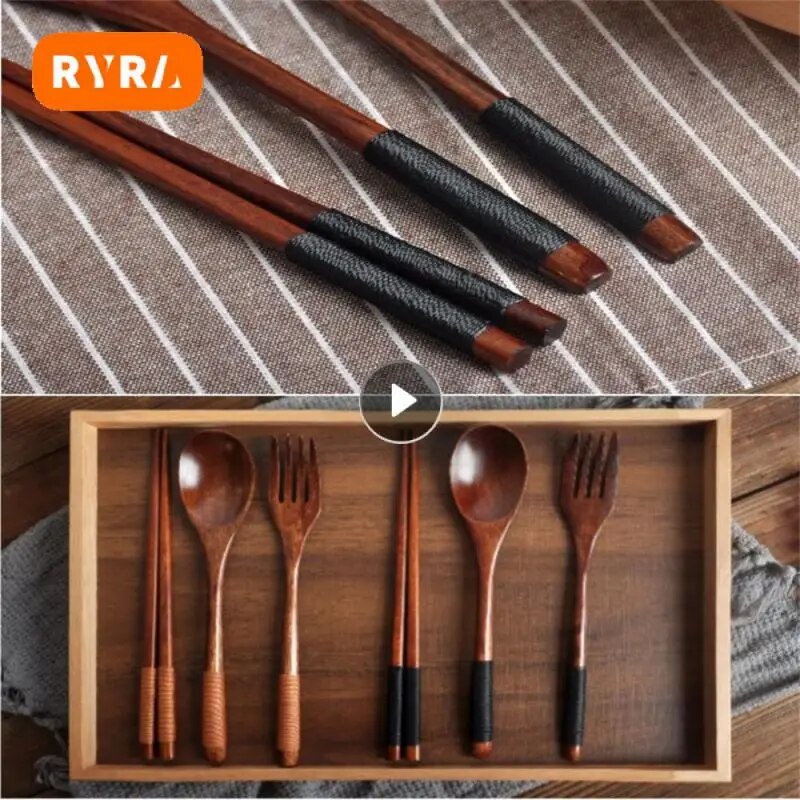 3PCS Wooden Cutlery Set Wood Chopsticks Spoon Fork Japanese Style Spoon Fork Chopsticks Set Spoon Portable Tableware With Bag
