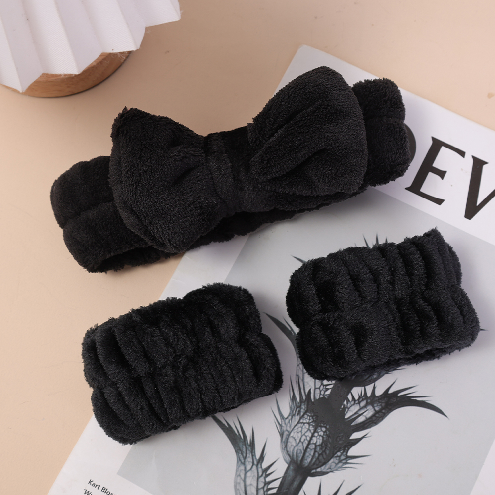 (NEW)Bows Elastic Coral Fleece Headband Absorbent Wristband Set Wash Face Head Band For Women Hair Accessories