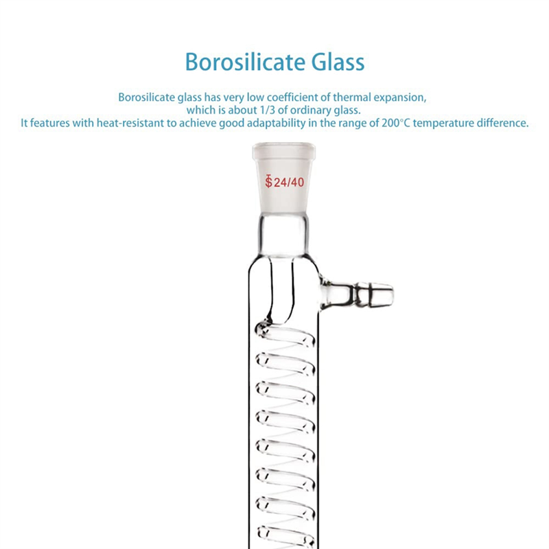Borosilicate Glass Condenser with 24/40 Fitting 300mm Jacket Length Laboratory Glass Condenser Serpentine Condenser Tube Easy Install Easy to Use. 