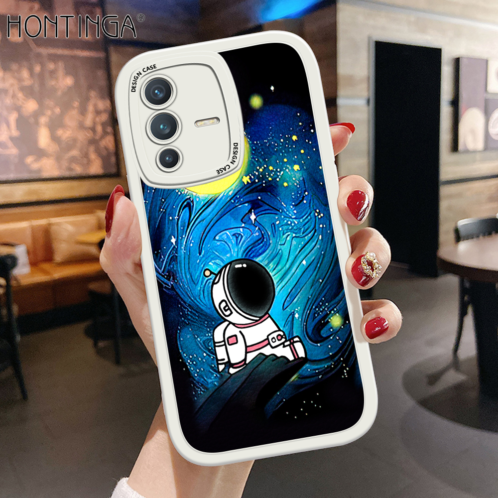 Hontinga for Vivo V23 5G Back Cover PU Leather Space Astronaut Print Case Soft Silicone Edge Phone Cases