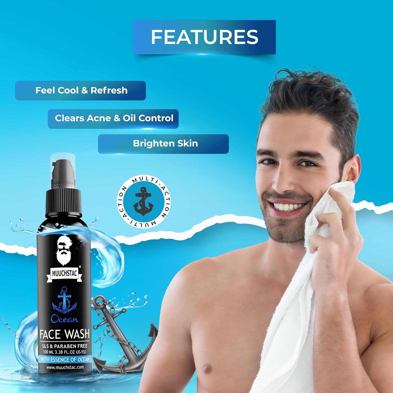 Muuchstac Ocean Face Wash for Men | Fight Acne & Pimples, Brighten Skin, Clears Dirt, Oil Control, Refreshing Feel - Multi-Action Formula  - 100 ml. 