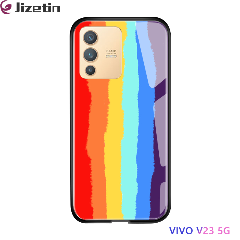 Jizetin for Vivo V23 5G Glass Back Cover Luxury Rainbow For Girls Boys Glossy Tempered Glass Shockproof Soft Edge Phone Cases