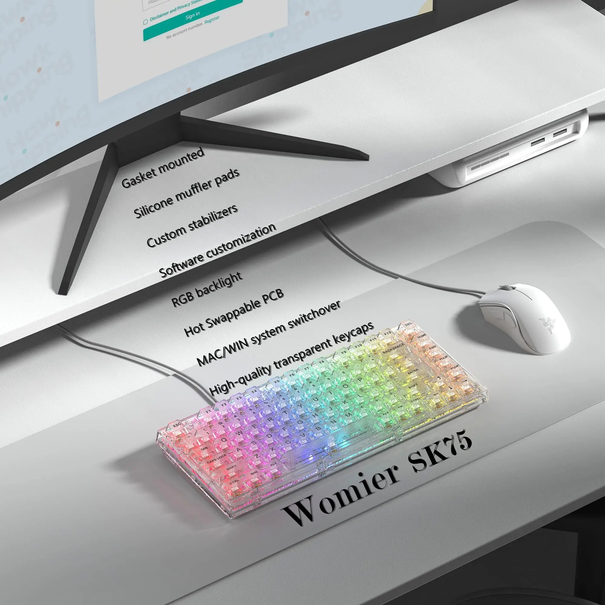 Womier SK75 75% Gamer Mechanical Keyboard Crystal Transparent Hot Swap Gaming Keyboard Tyce-c Wired RGB Backlit for PC Laptop. 