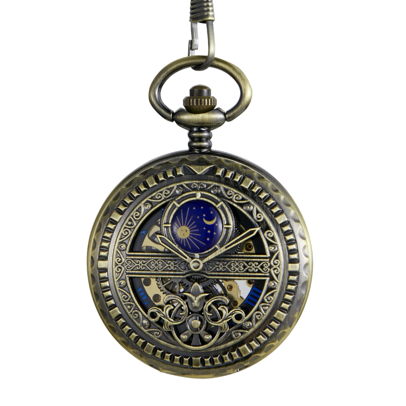 Simulation Pointer Blue Moon Sun Hollow Pattern Lady Pocket Watch Manual Mechanical Gloden Dial Pocket Watches