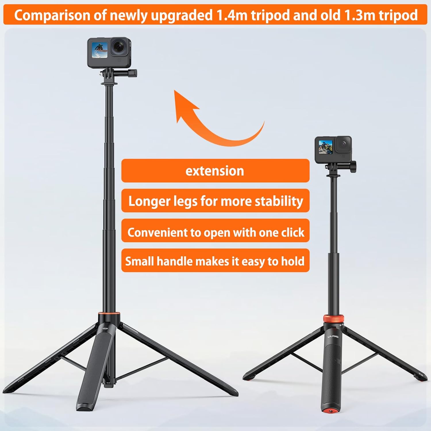 VRIG TP-21 Extendable Selfie Stick Tripod for GoPro Max Hero 10 9 8 7 6 5 4, DJI Osmo Action, Insta 360 One R and More Action Camera（55.1''）. 