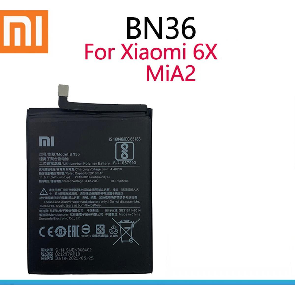 Rt - Bn36 2910Mah Replacement Battery For Xiaomi Mi 6X Mi A2 Mobile Phone Batteries