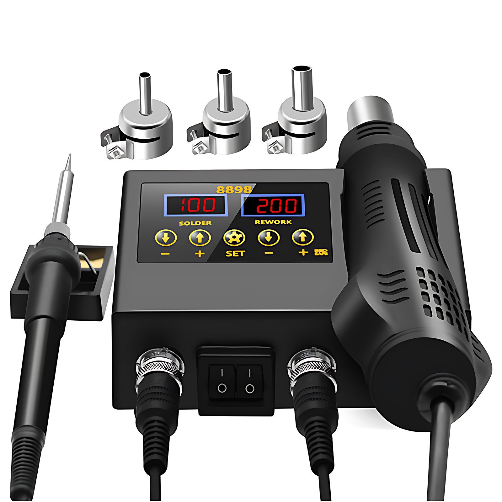 2 in 1 Soldering Station LCD Digital Display Hot Air Gun Welding Rework Temperature and Air Volume Adjustable Soldering Iron Kit For Cell-Phone BGA SMD PCB IC Repair Solder Iron Tools