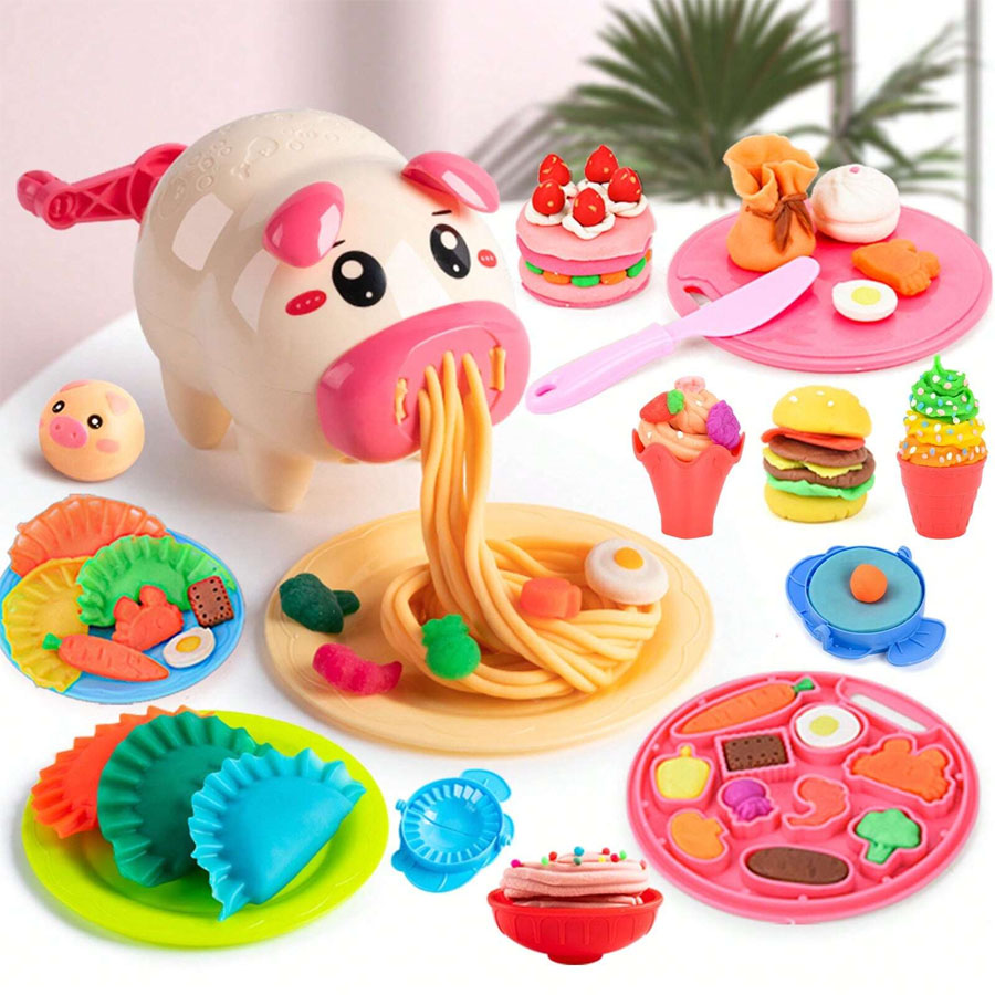Cartoon Cute Pig Noodle Maker Clay Dough Set, Play Dough Machine Clay Dough Strips Toy Set for Kids