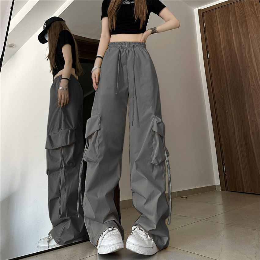 American-Style Retro Thin Quick-Drying Overalls for Women High Waist Slimming All-Matching Straight Wide Leg Casual Mopping Trousers Trendy Summer. 