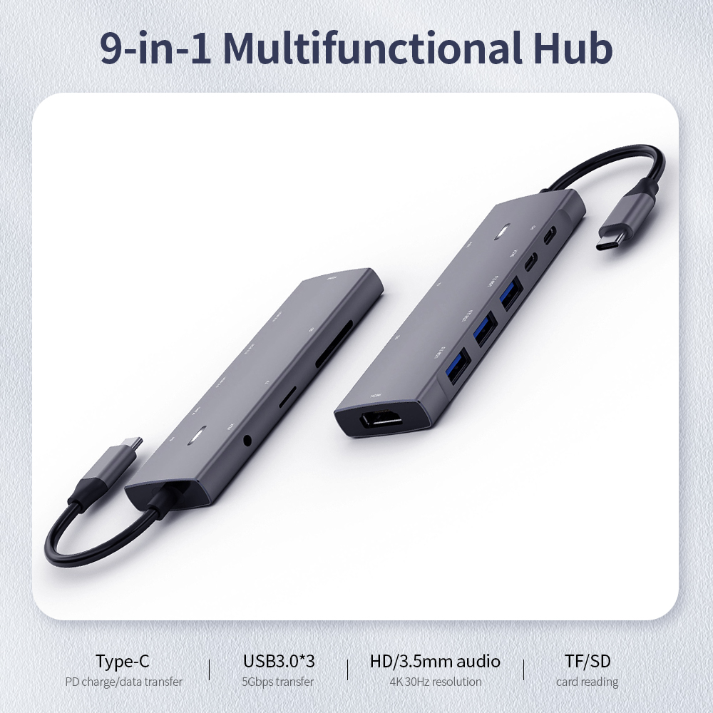 9-in-1 Multifunctional Type-C to 4K HD Hub PD Charge/Data Transfer/USB3.0/SD TF Card/HD/3.5mm Audio. 