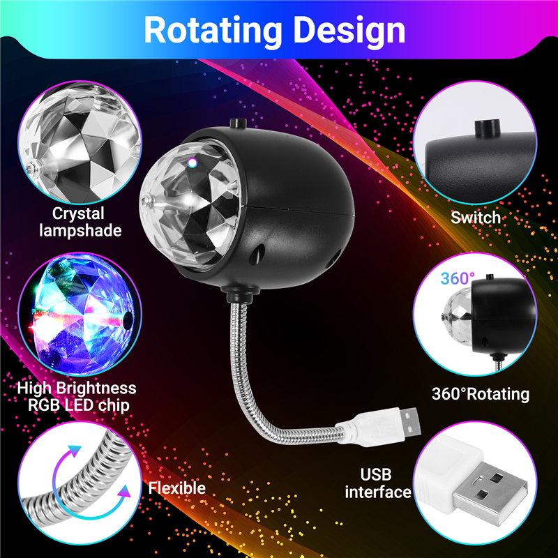 Rotating RGB LED Stage Lighting with 3W Book Light,USB Powered(Black). 