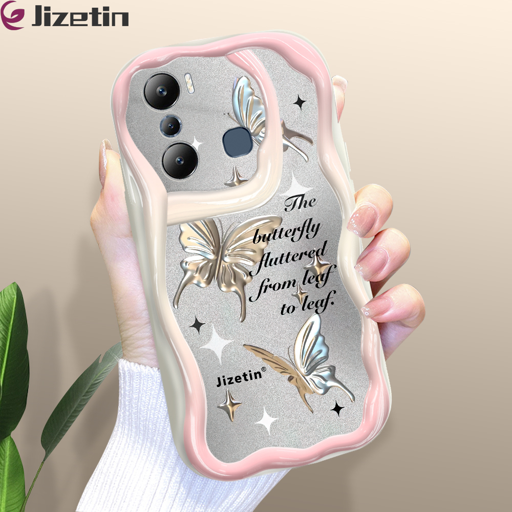 Jizetin for Infinix Hot 20i Back Cover Cartoon Golden Butterfly Cream Texture Wavy Edge Soft Silicone Phone Case