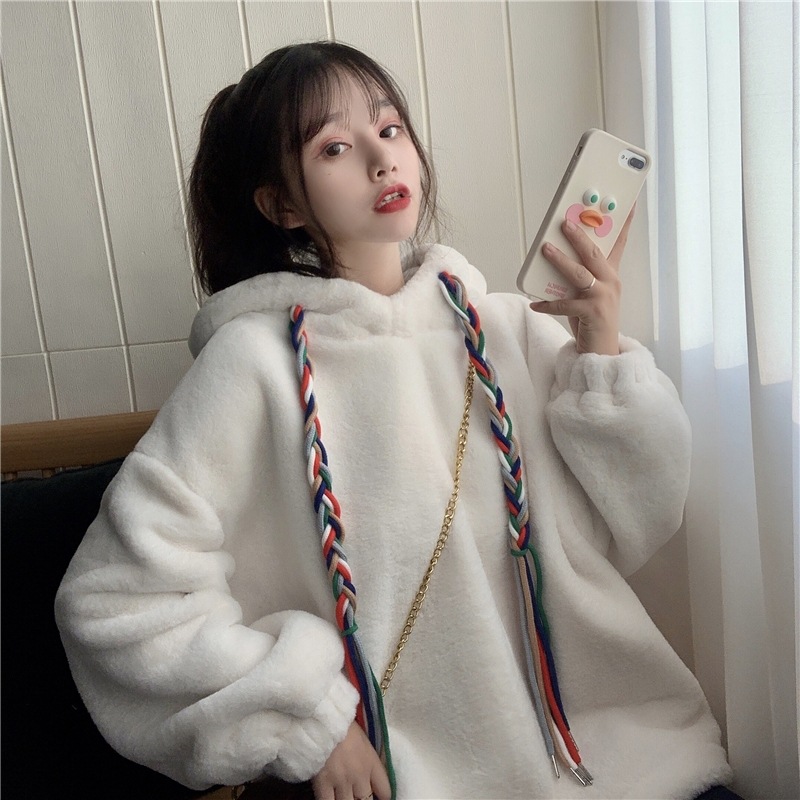 2024 Lambswool Hooded Sweatshirt Women's Autumn and Winter Thickened and Fleece Jacket Lazy Style Loose Korean Version Versatile