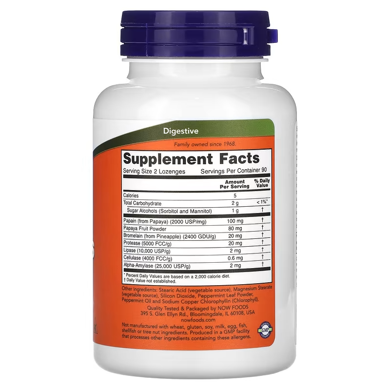 Papaya Enzyme Supplement with Mint and Chlorophyll, Digestive Support*, 180 Chewable Lozenges by NOW Supplements,. 