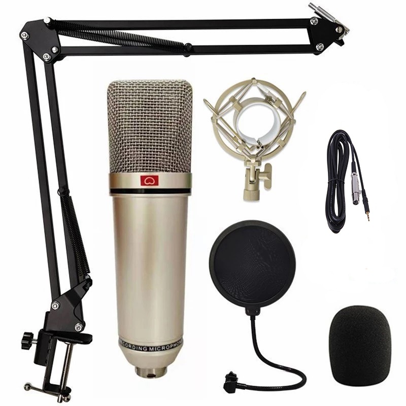 Professional Studio Record Condenser Microphone U87 With Shock Mount, Stand, holder, pop Filter,  XLR to 3.5mm Audio cable, Mic Foam For Mobile Computer laptop Gaming Podcast Silver. 