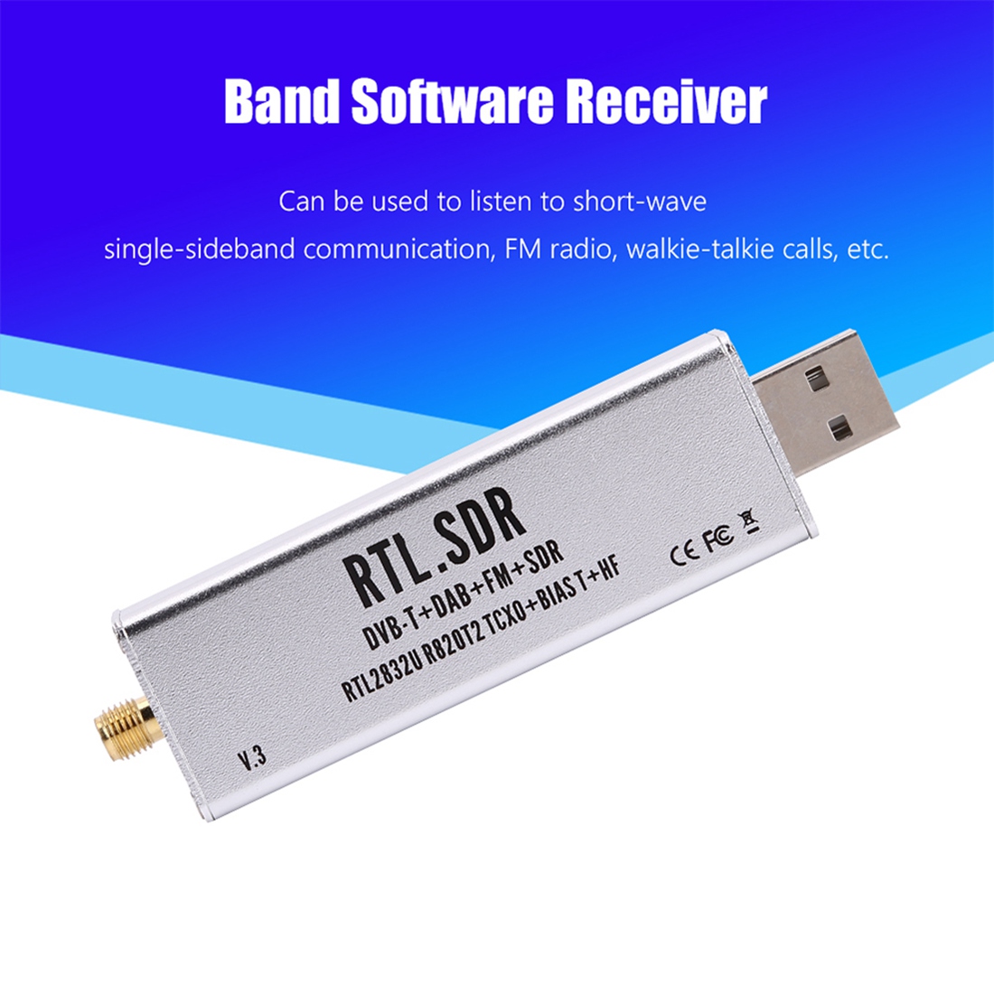 RTL SDR Receiver V3 RTL2832U 0.1MHz-1.7GHz TCXO SMA Receiver with Antenna. 