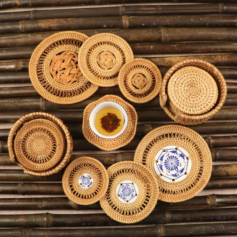 Vietnamese rattan coasters, woven bamboo insulating mats, straw placemats, table holders, pot holders, tea cupplates, bowl mats, western placemats. 