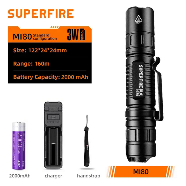 Superfire mi80 EDC bright LED flashlight 18650 battery USB C torch Camping Fishing lantern 500lm best choice outdoor flash light. 