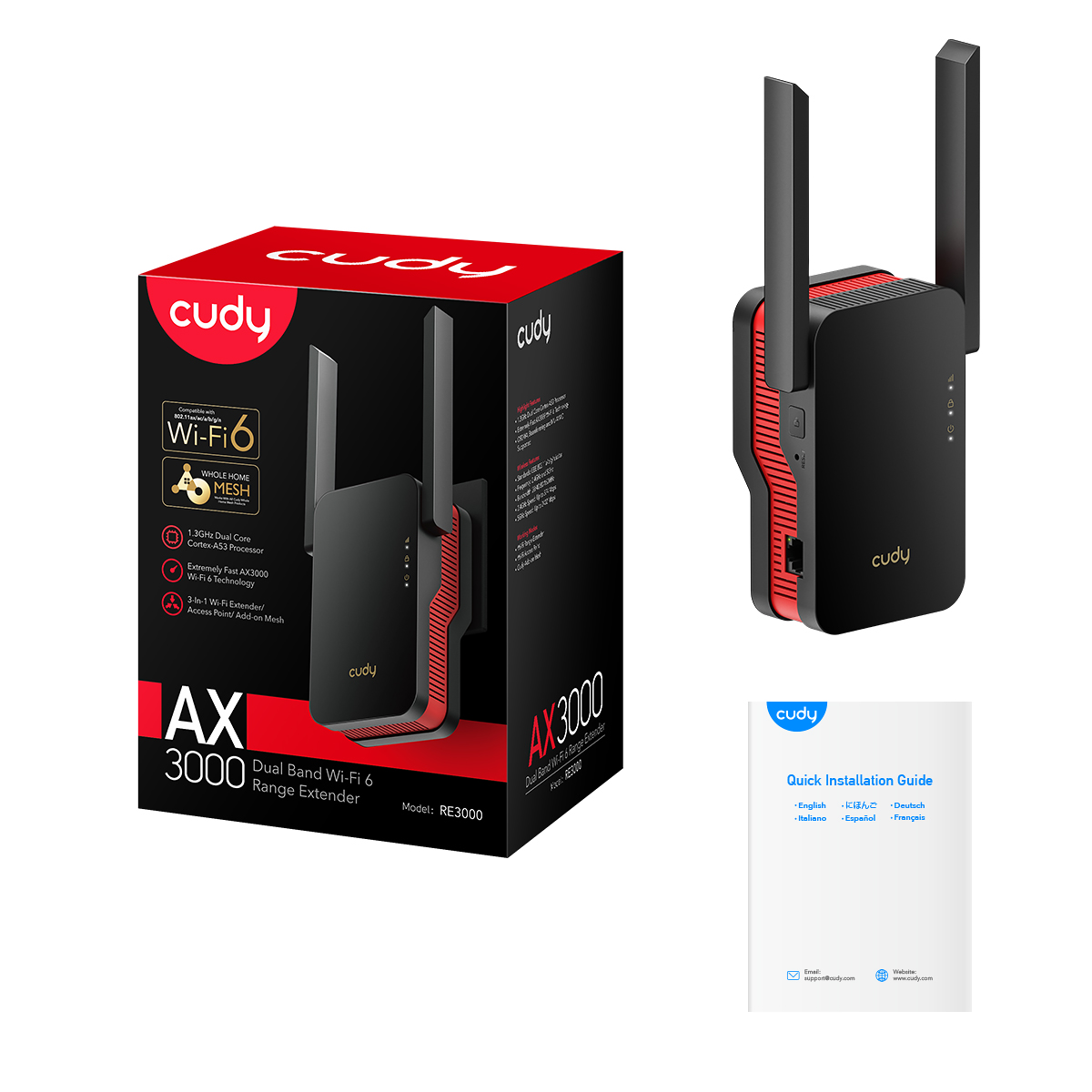 Cudy RE3000 AX3000 Dual Band Wi-Fi 6 Range Extender - Extremely Fast AX3000 Wi-Fi 6 Technology -  OFDMA, Beamforming and MU-MIMO Supported - Work with any standard router or gateway - Gigabit Ethernet ports to connect wired devices. 