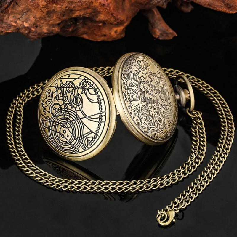 Retro Bronze Time Lord Space Exploration Design Quartz Pocket Watch Men Necklace Popular Movie Hero Cosplay Pendant Watch Chain. 