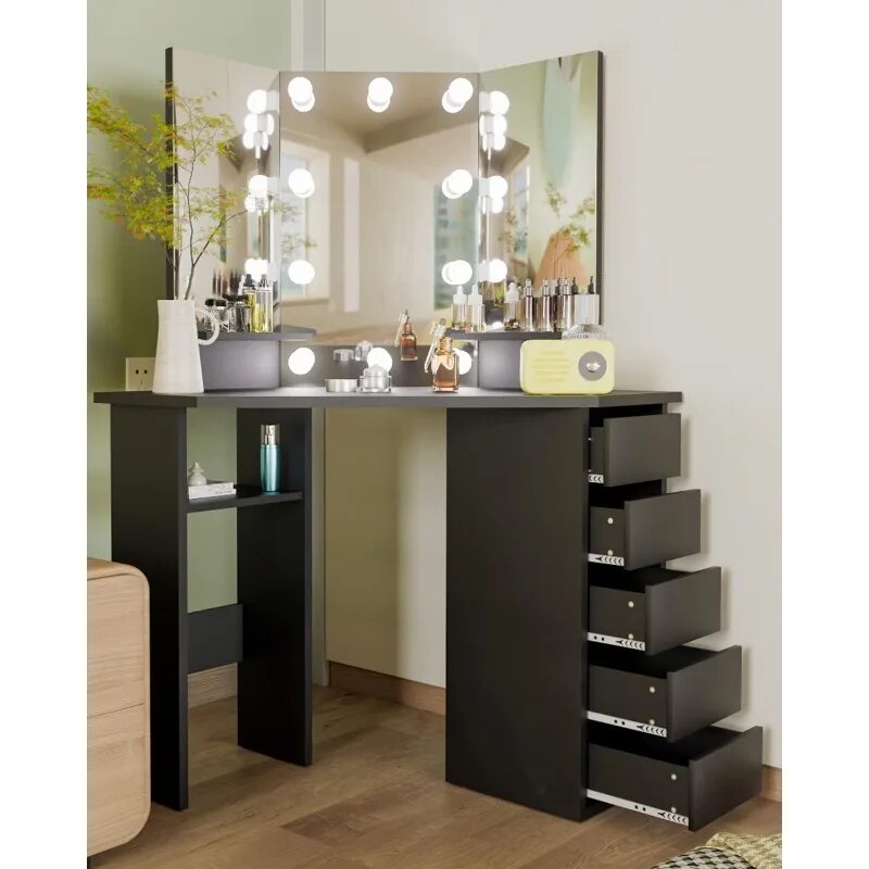 Corner Vanity Desk with Drawers and Mirror, Corner Makeup Vanity with Mirror and Lights, Small Bedroom Vanity Table Makeup Desk. 