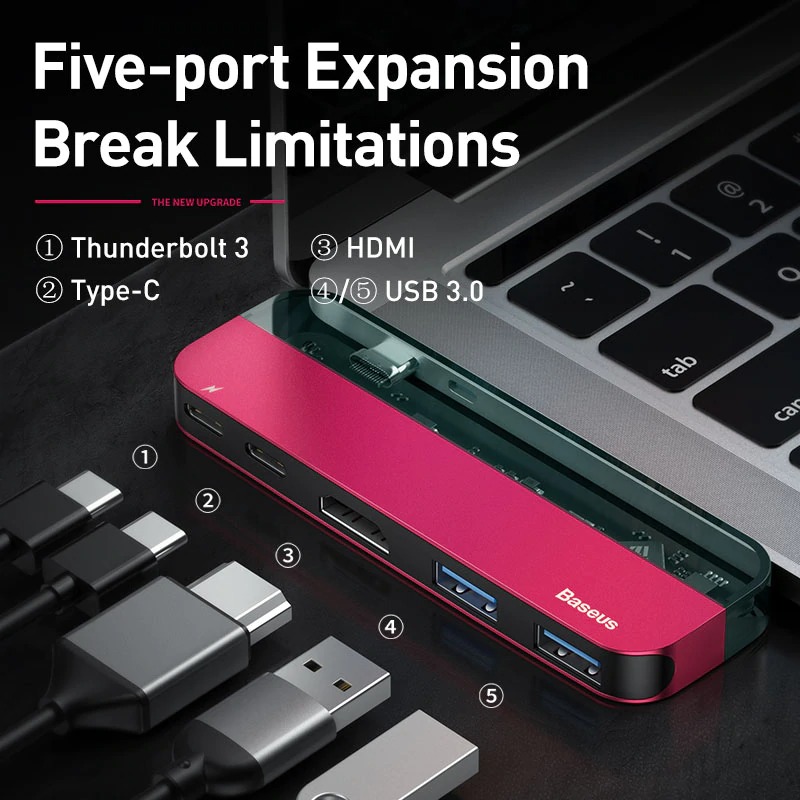 Baseus USB C HUB 5 port to Multi HDMI-compatible USB 3.0 USB HUB for MacBook. 