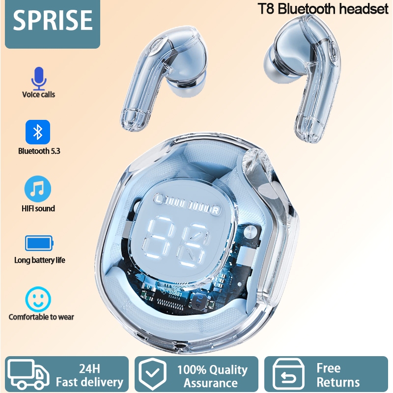 SPRISE T8 Premium Wireless Bluetooth Earphone Colorful With Lanyard/Case/LED HiFi Noise Cancelling TWS Earphon Transparent Earbuds Headset Earfon Touch Control