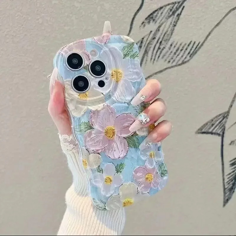 Flowers Painted Kawaii Girl Phone Case for iPhone 14 13 12 11 Pro Max Mini X XS XR 6 7 8 Plus Korean Y2k Back Cover with Strap Alien Alien. 