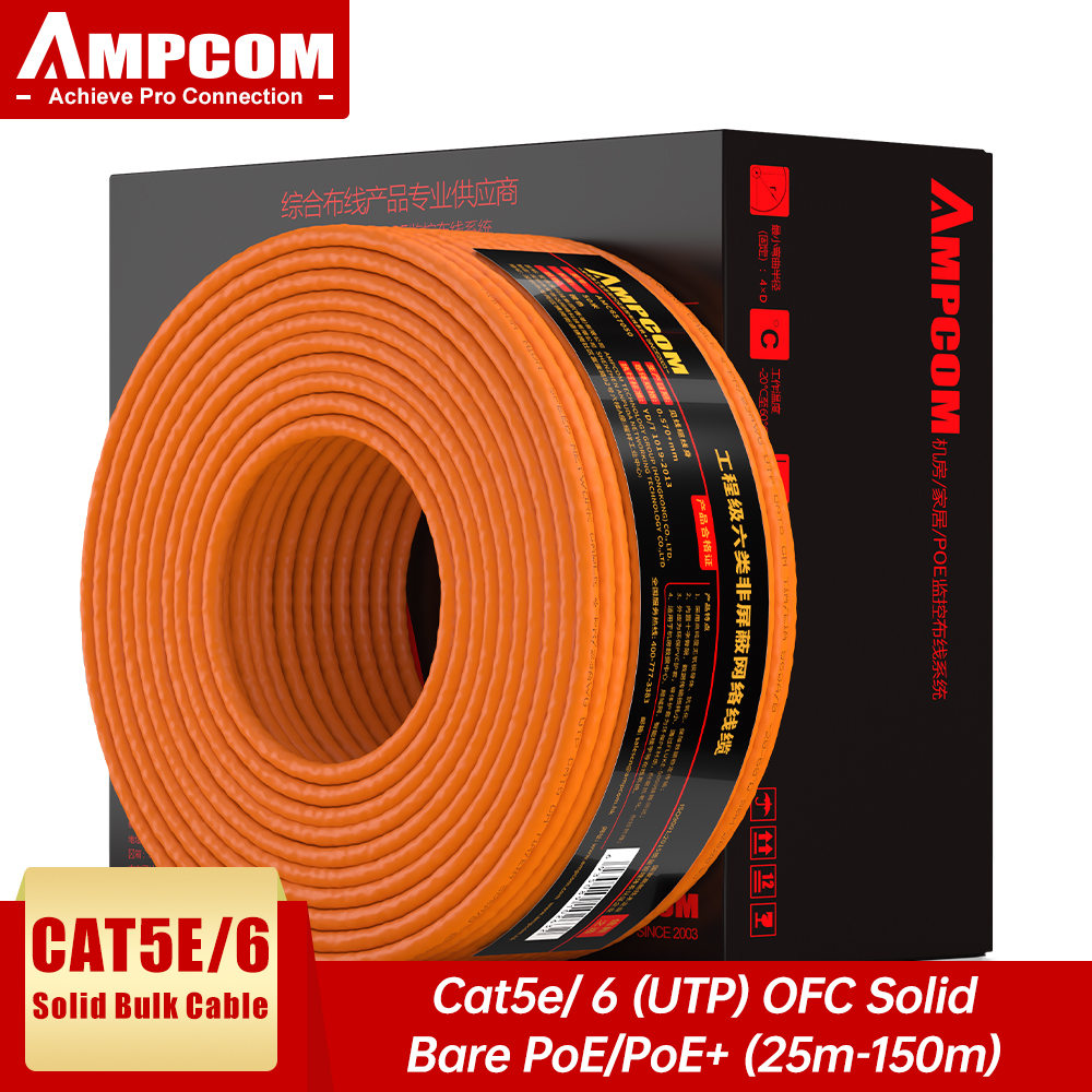 AMPCOM Bulk Ethernet Cable, CAT6 CAT5E OFC Solid Pure Bare Copper wire, 0.57mm 23AWG 24AWG RJ45 Network Cable 25m 50m 100m 150m