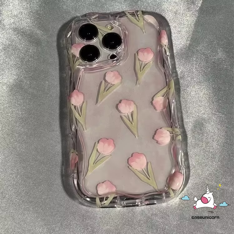 Pink Tulip Flower Stand Holder Iphone Case Compatiable For Realme C35 C55 C11 C25 C25Y C21Y 9i 7i 5i 6i 5 5s C20 C31 C17 C20A C25s C12 C33 C30 C3 C15 C1 C21 3D Wavy Curved Edge Soft Cover. 
